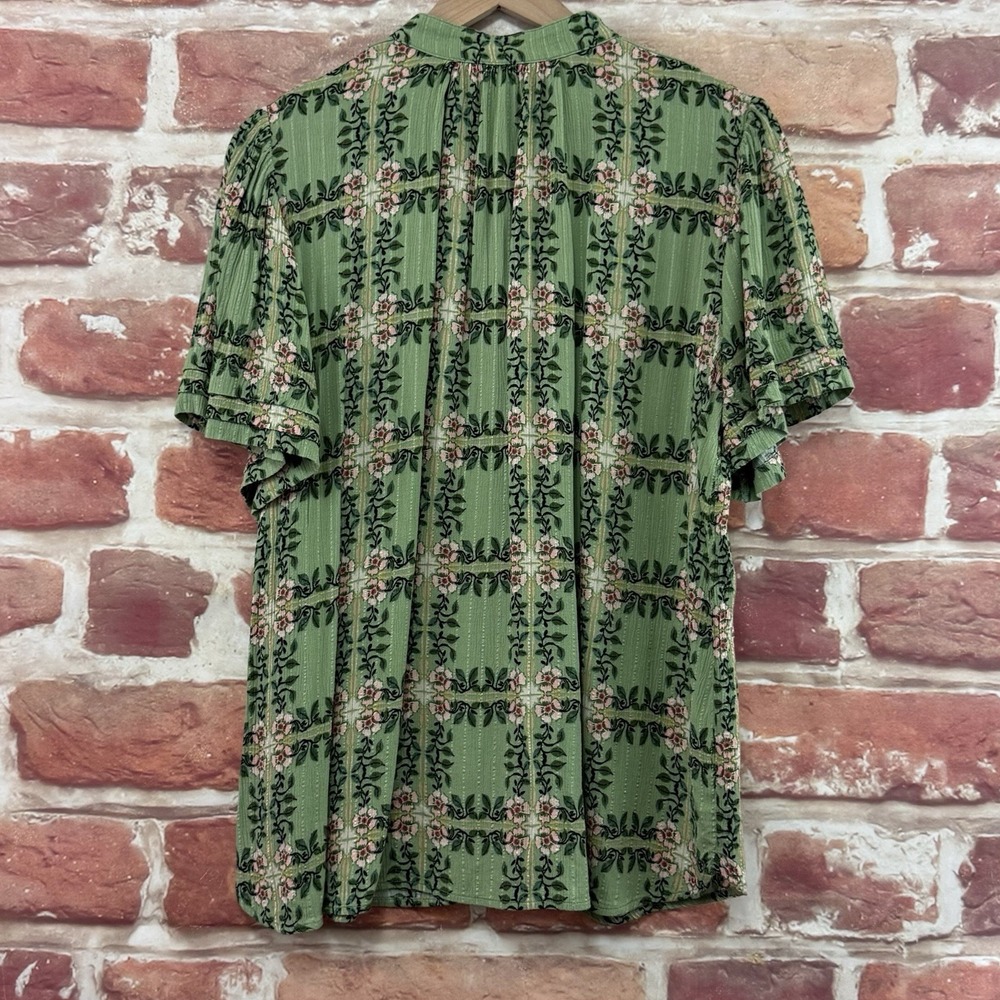 Ann Taylor Loft Top Womens Medium Green Chic Garden Floral Plaid Casual Shirt - Picture 4 of 9